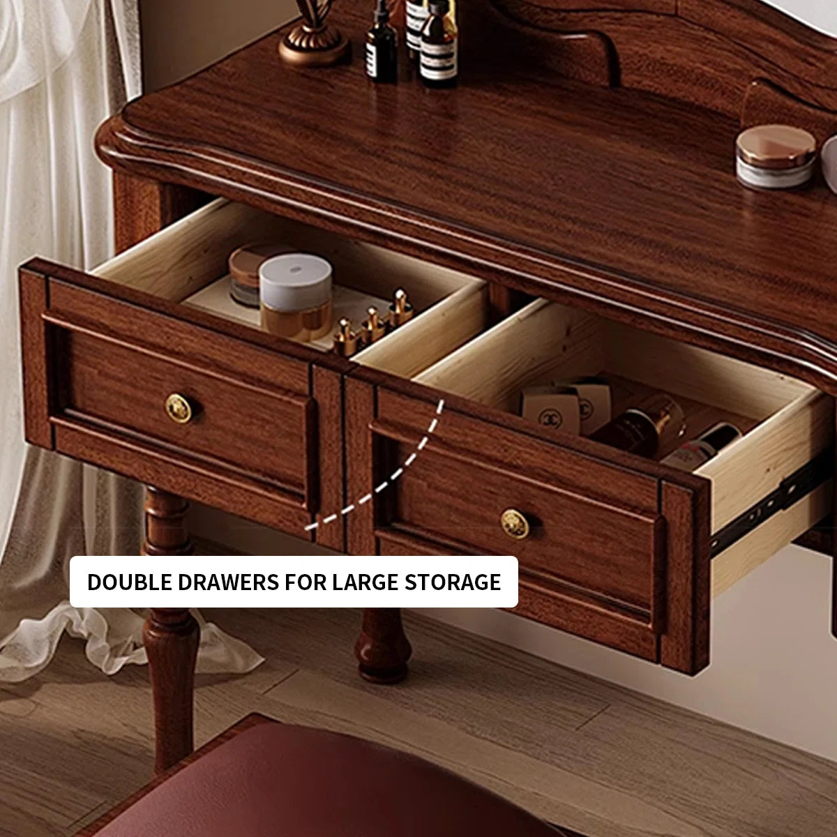 Vintage Mahogany Makeup Vanity Set with Petal Mirror & Stool - Image 5