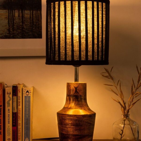 Wooden Firkin Lamp with Pleeted Cotton Black Shade - 5