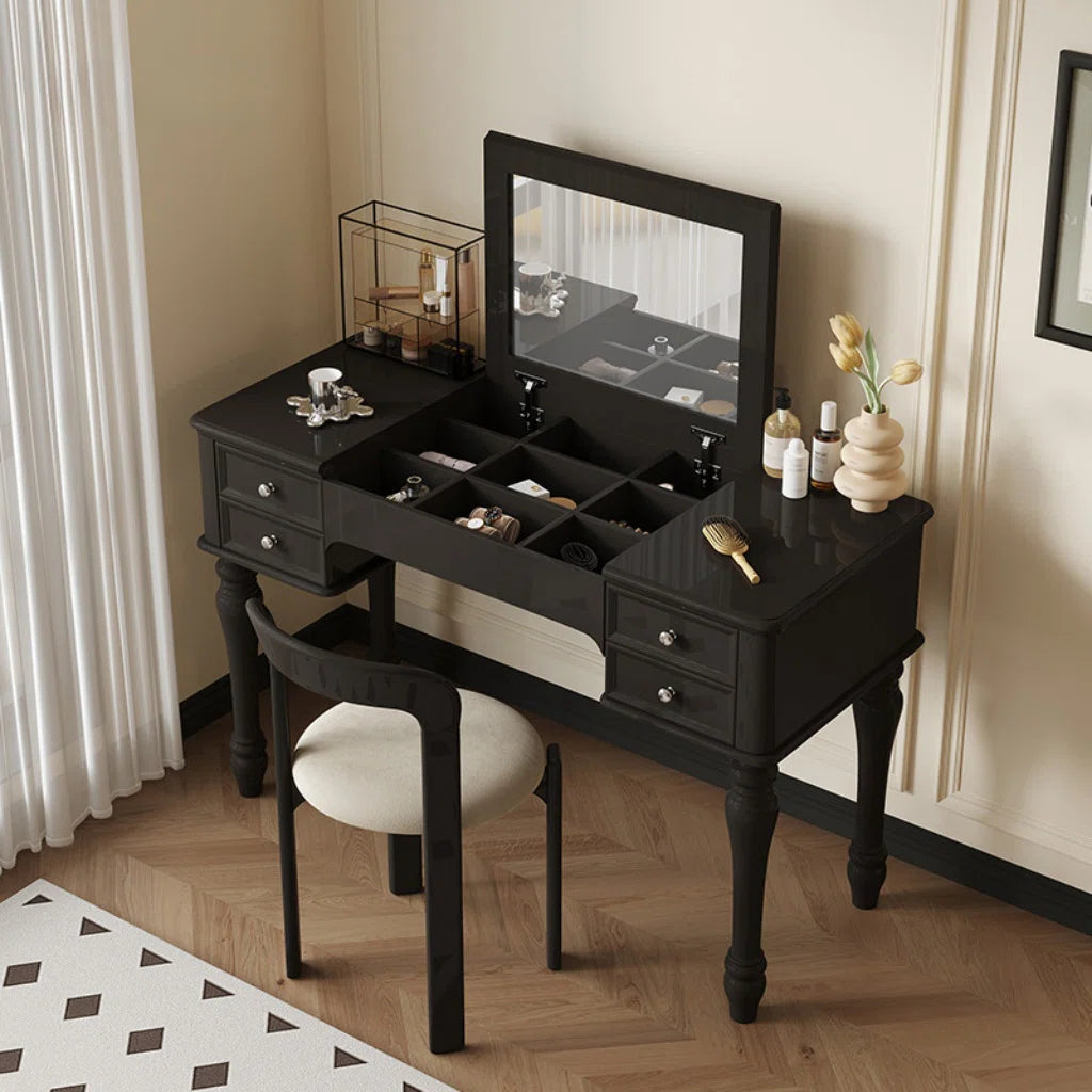 Modern Black Vanity Table with Mirror & Smart Storage – Solid & Engineered Wood - 1