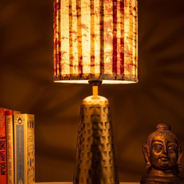 Golden Hammered V-Shaped Lamp with Pleeted Muticolor Maroon Shade - 5