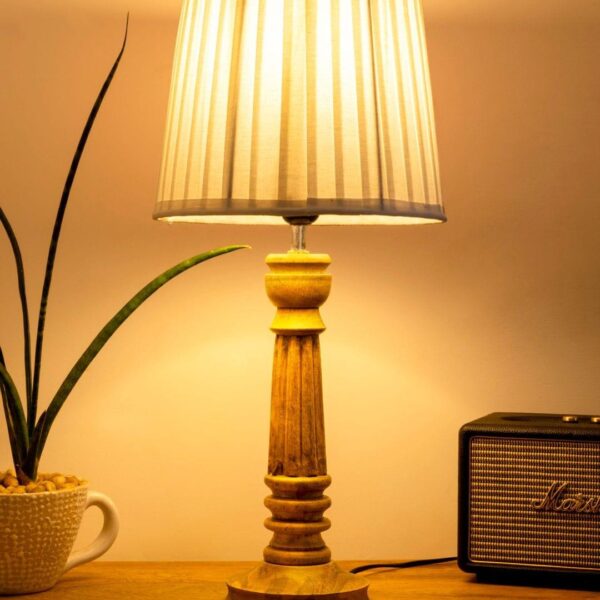 Wooden Pillar Brown lamp with pleeted White Soft Shade - 1