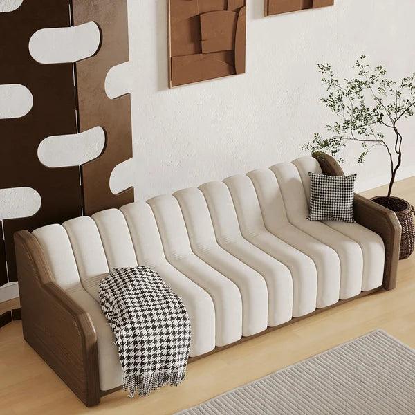 3 Seater Fluted Velvet Upholstered Sofa Walnut Leather Arm - Image 3