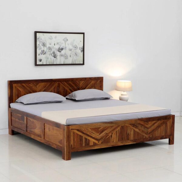 Sheesham Wood King Size Bed With Box Storage in Light Honey Finish