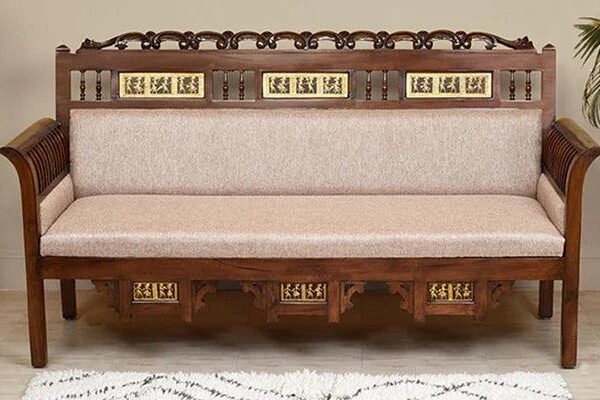 Solid Wood 3 Seater Sofa in Beige & Walnut Colour