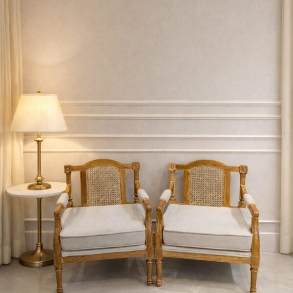 French Style Solid Mahogany Armchair Set of 2 with Rattan Back & Ivory Upholstery | Antique White Washed Accent Chairs