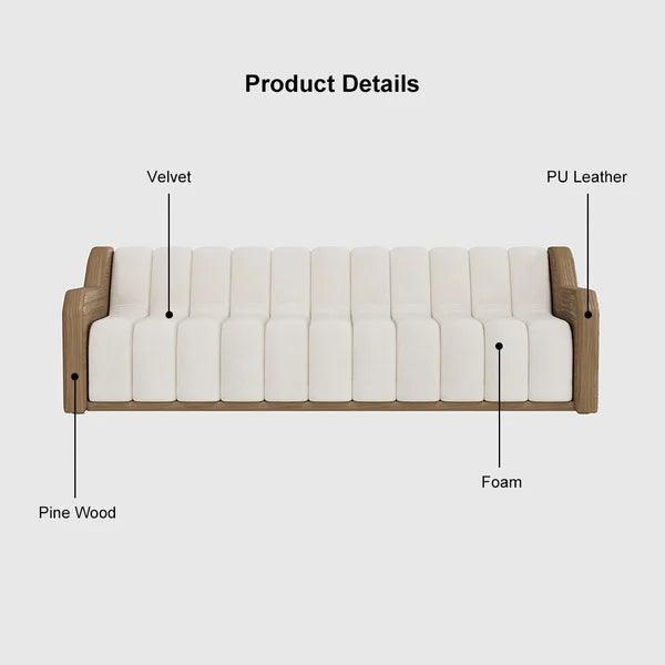 3 Seater Fluted Velvet Upholstered Sofa Walnut Leather Arm - Image 4
