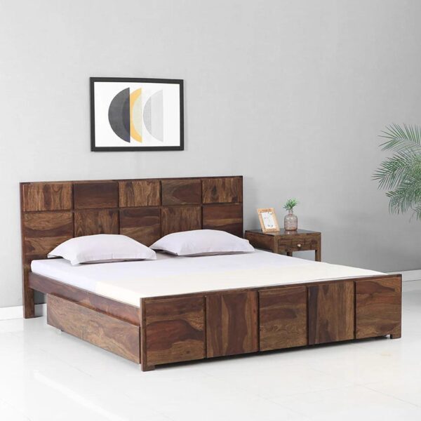 Sheesham Wood King Size Bed In Provincial Teak Finish With Drawer Storage