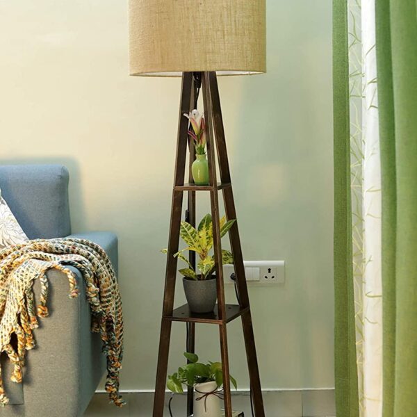 Premium Birch Plywood Brown Floor Lamp with Shelf (Jute Shade) - 5