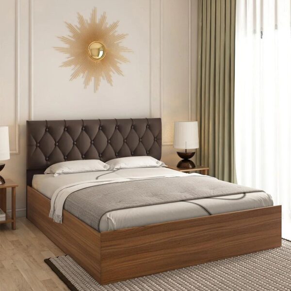 King Size Bed in Exotic Teak Finish with Hydraulic Storage