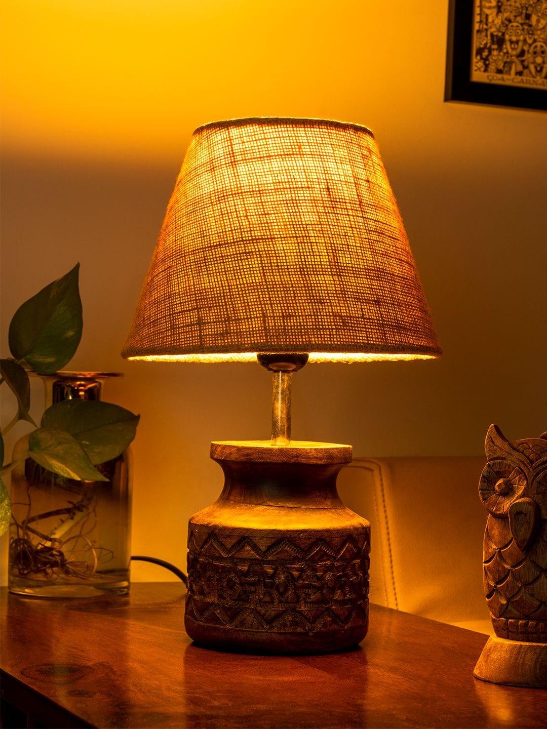 Wooden Carved Lamp with Taper Jute Brown Shade - 1 - Image 3