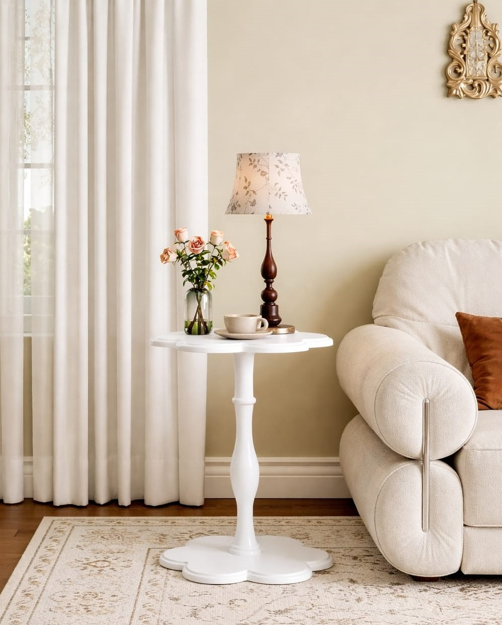 Black Solid Wood Pedestal Side Table, Flower Design Accent End Table for Sofa & Bedroom - Image 7