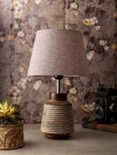 Rustic Ridged Wooden Lamp with Samre Brown Shade - 3