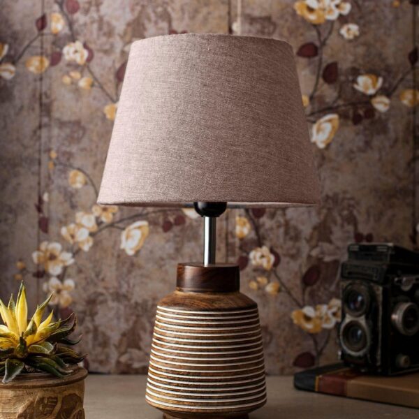Rustic Ridged Wooden Lamp with Samre Brown Shade - 5