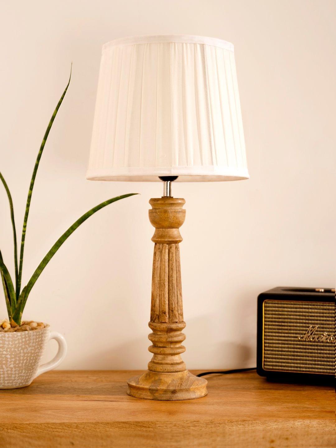 Wooden Pillar Brown lamp with pleeted White Soft Shade - 1 - Image 3