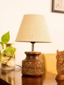 Wooden Carved Lamp with Taper Jute White Shade - 1