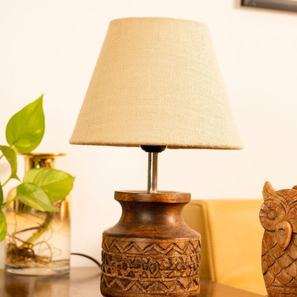 Wooden Carved Lamp with Taper Jute White Shade - 2