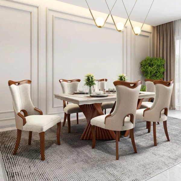 Marble Top 6 Seater Dining Sets In Beige & Brown Colour