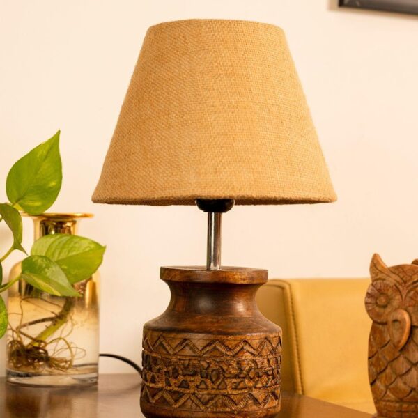 Wooden Carved Lamp with Taper Jute Brown Shade - 1