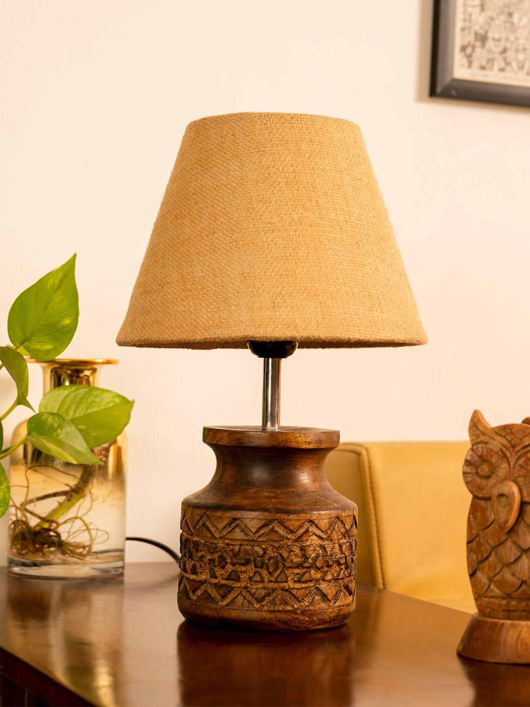 Wooden Carved Lamp with Taper Jute Brown Shade - 1