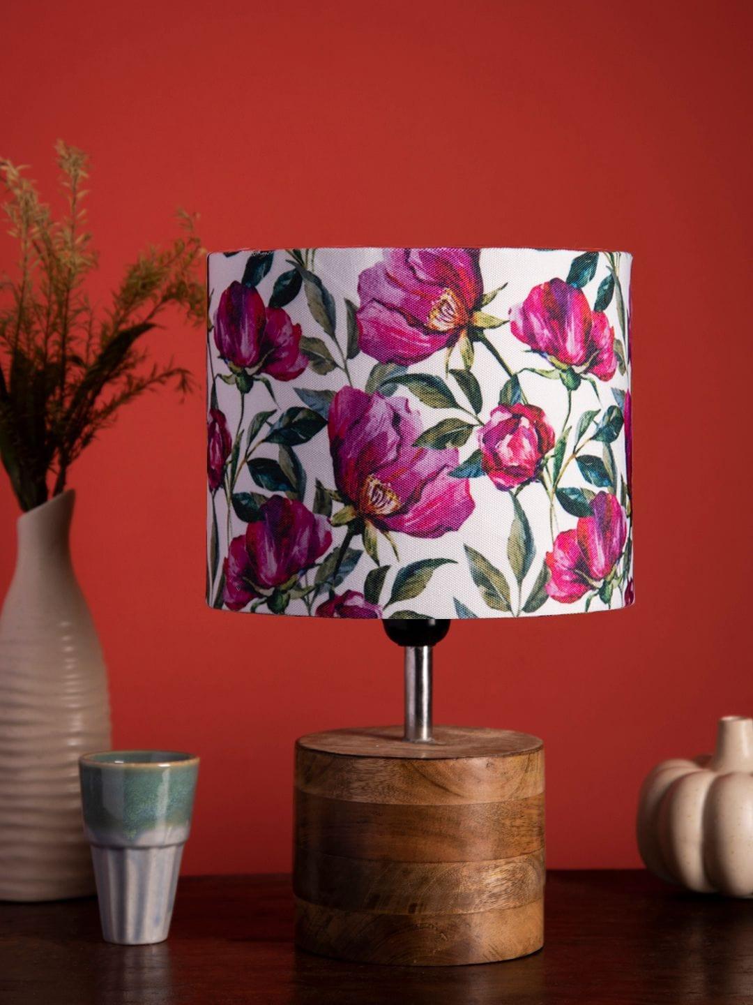 Wooden Brown Log Table Lamp with Pink Rose Shade - 1 - Image 3