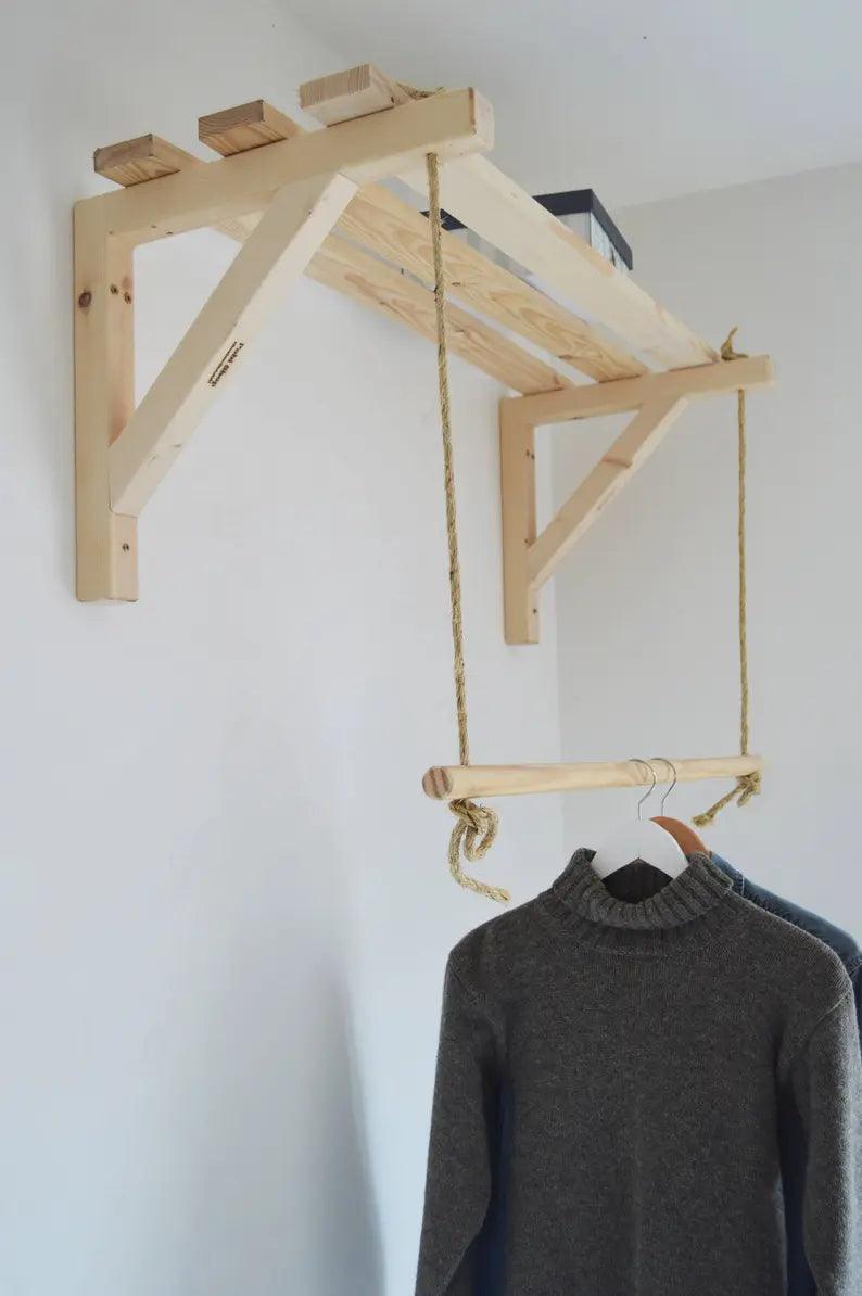 Wooden Bracket Shelf With Hanging Rope/Timber Clothes Rack ( With Complementary Coaster ) By Miza - 1 - Image 2