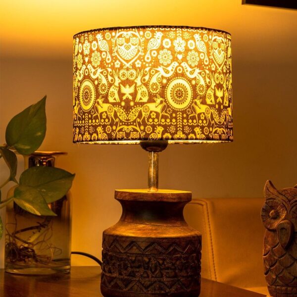 Wooden Carved Lamp with Indian Art Multicolor Shade - 5