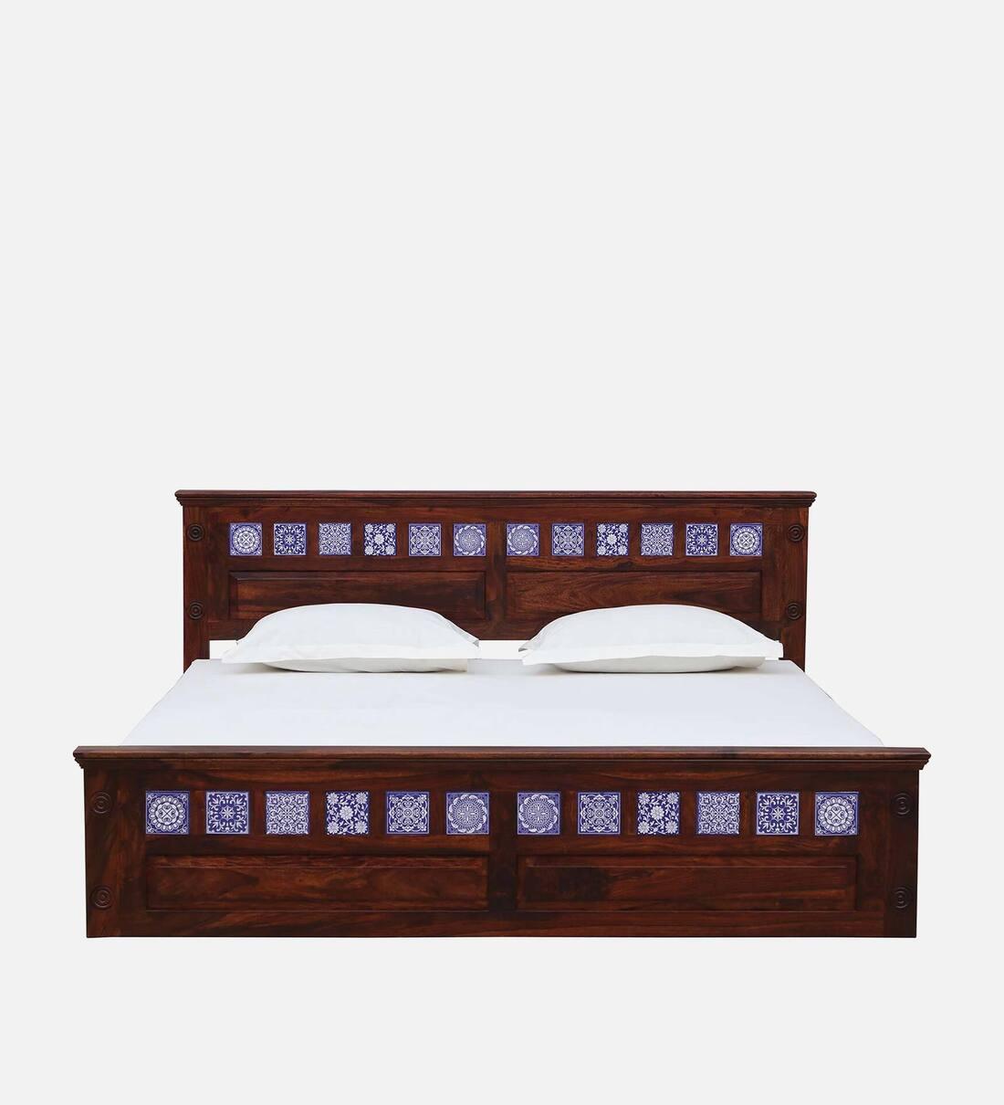 Sheesham Wood King Size Bed In Scratch Resistant Honey Oak Finish with Tiles on Footrest - Image 2