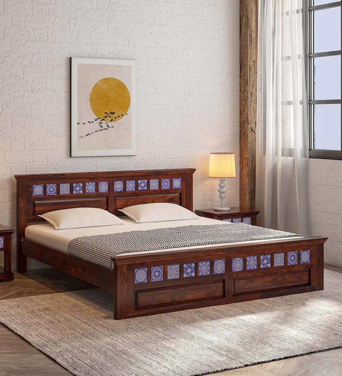 Sheesham Wood King Size Bed In Scratch Resistant Honey Oak Finish with Tiles on Footrest