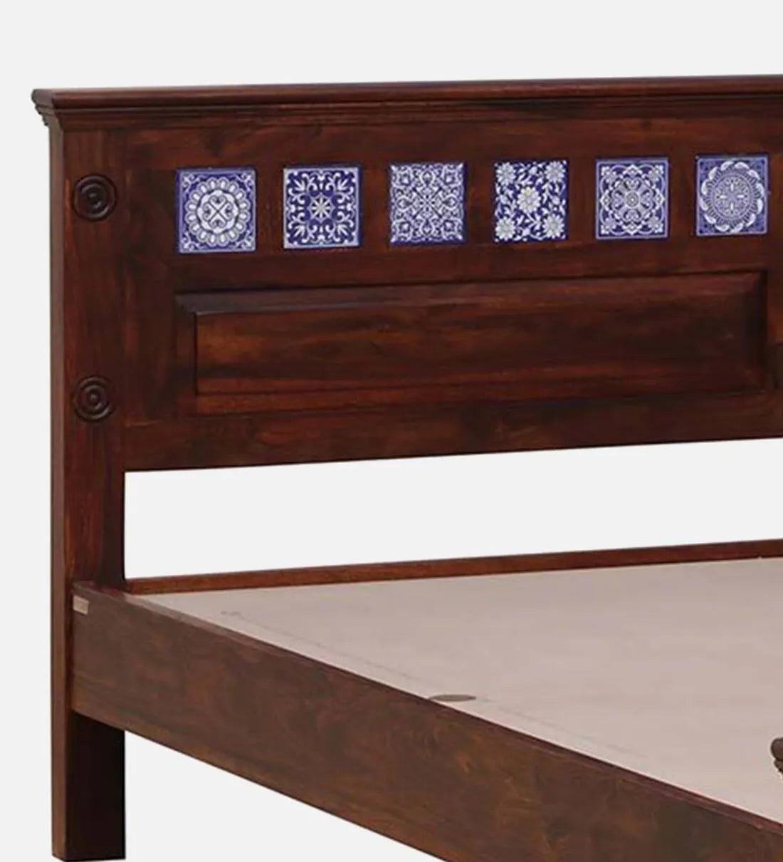 Sheesham Wood King Size Bed In Scratch Resistant Honey Oak Finish with Tiles on Footrest - Image 6
