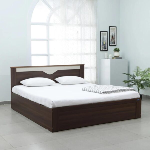 Crescent King Size Bed in Dark Acacia Finish with Box Storage