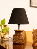 Wooden Carved Lamp with Taper Cotton Black Shade - 1