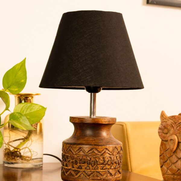 Wooden Carved Lamp with Taper Cotton Black Shade - 1