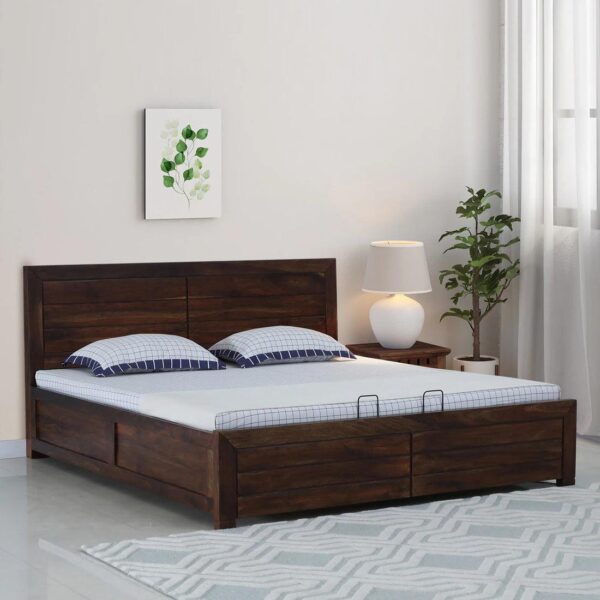 Sheesham Wood King Size Bed In Provincial Teak Finish With Hydraulic Storage