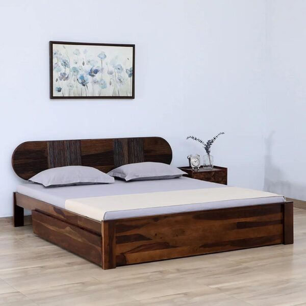 Sheesham Wood King Size Bed With Drawer Storage In Scratch Resistant Teak Finish