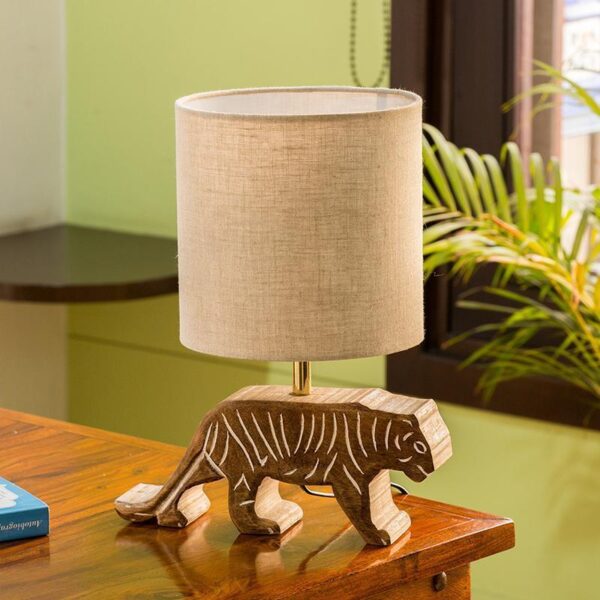 'Tiger Panthera'' Handcarved Table Lamp In Mango Wood - 1