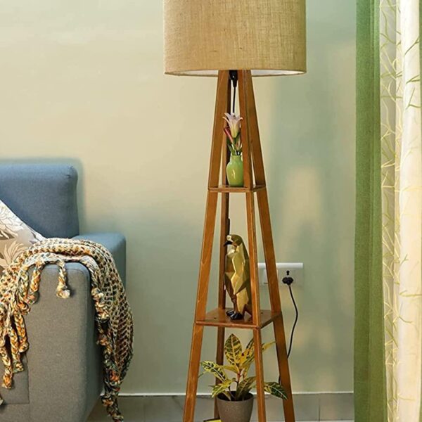 Premium Birch Brown Polished Plywood Floor Lamp with Shelf (Brown Shade) - 5