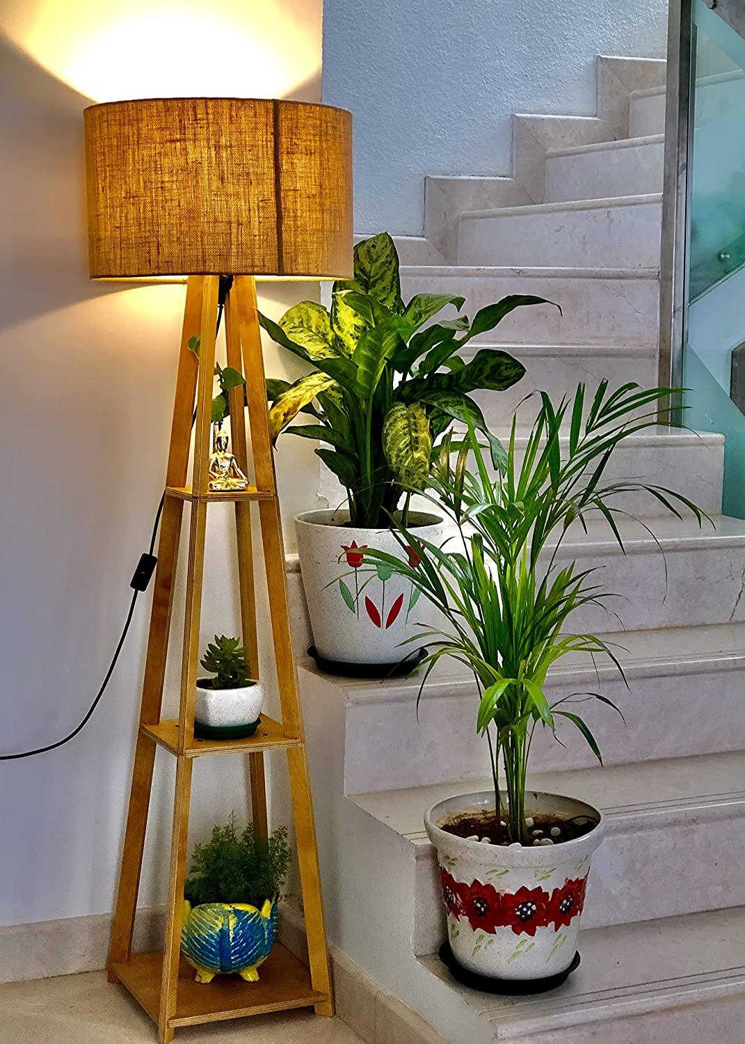 Premium Birch Brown Polished Plywood Floor Lamp with Shelf (Brown Shade) - 1 - Image 2