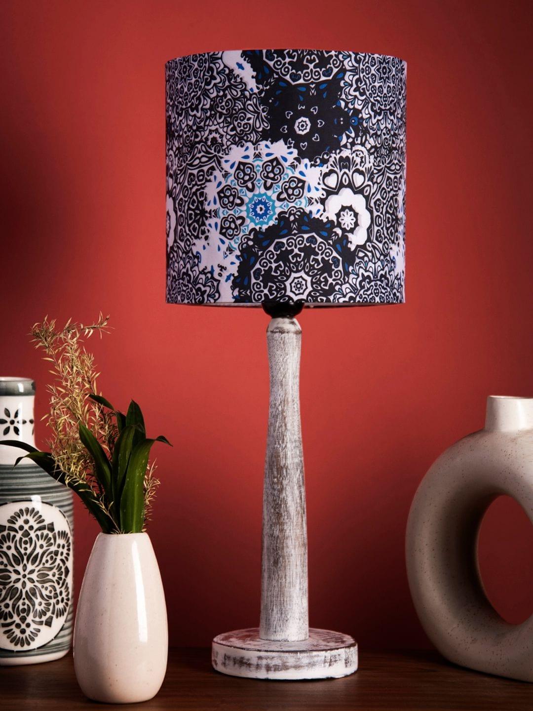 Distress White Wooden Lamp with Blue Batik Print Shade - 1 - Image 3