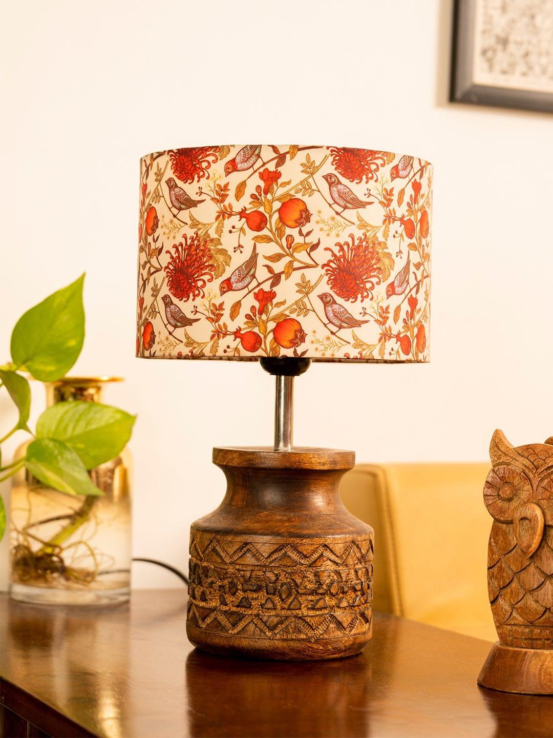 Wooden Carved Lamp with Birdy Multicolor Shade - 1 - Image 2