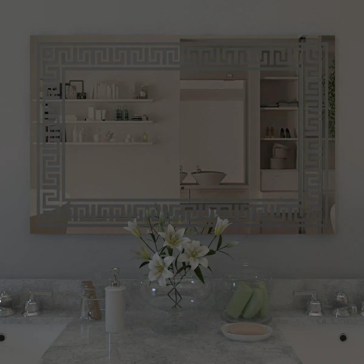Greek Key Motif LED Rectangular Bathroom Mirror - 1 - Image 2