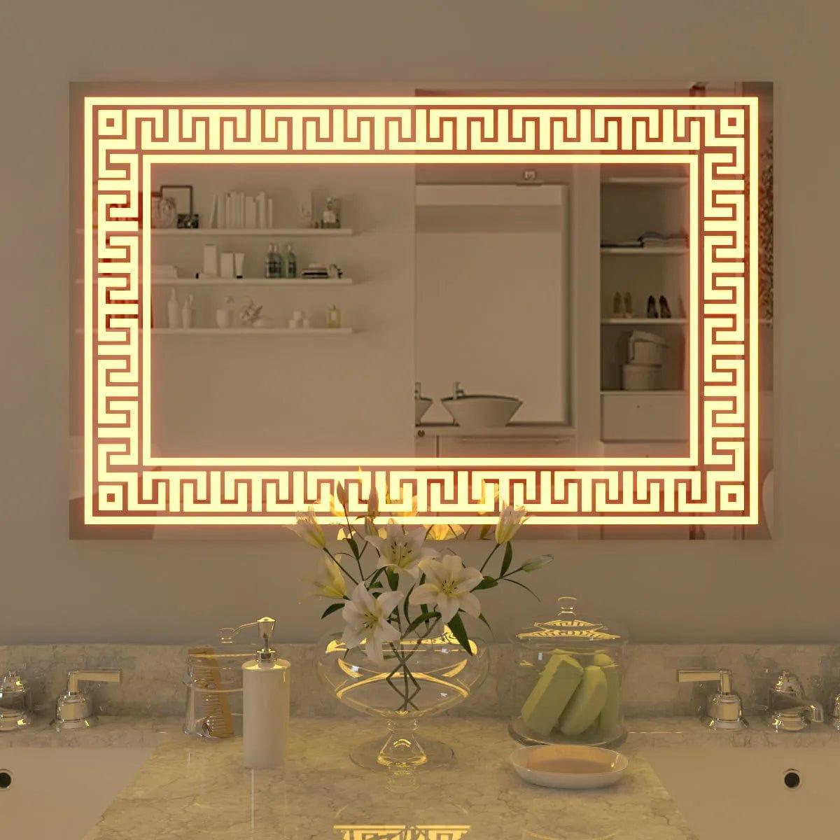 Greek Key Motif LED Rectangular Bathroom Mirror - 1